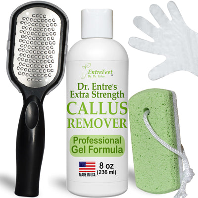 Dr. Entre's Callus Remover Kit: 8oz Callus Remover Gel, Foot File, Pumice Stone, 5 Glove Pairs for Gel Application, Spa Kit, Foot Care, Pedicure Tools
