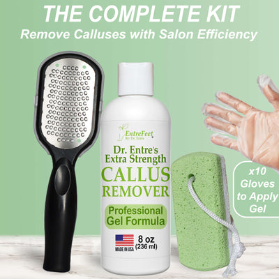 Dr. Entre's Callus Remover Kit: 8oz Callus Remover Gel, Foot File, Pumice Stone, 5 Glove Pairs for Gel Application, Spa Kit, Foot Care, Pedicure Tools