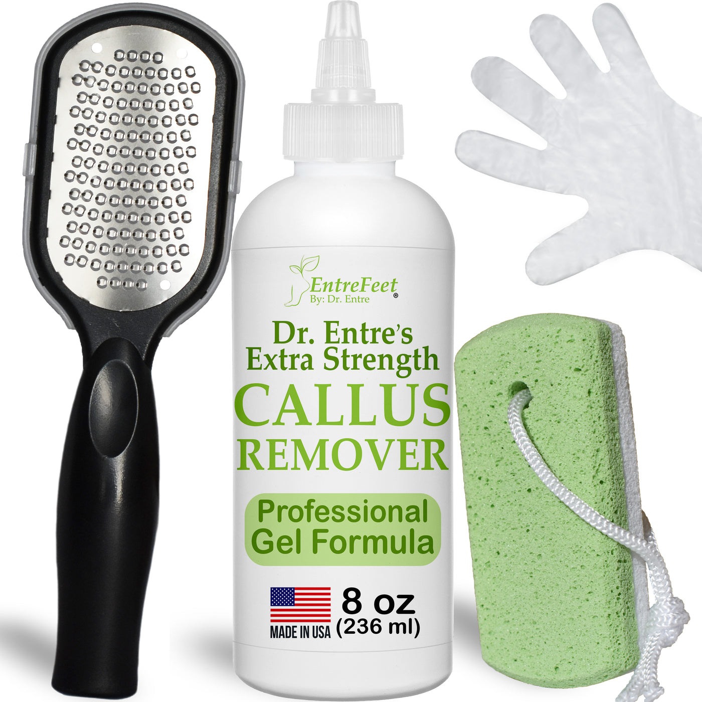 Dr. Entre's Callus Remover Kit: 8oz Callus Remover Gel, Foot File, Pumice Stone, 5 Glove Pairs for Gel Application, Spa Kit, Foot Care, Pedicure Tools
